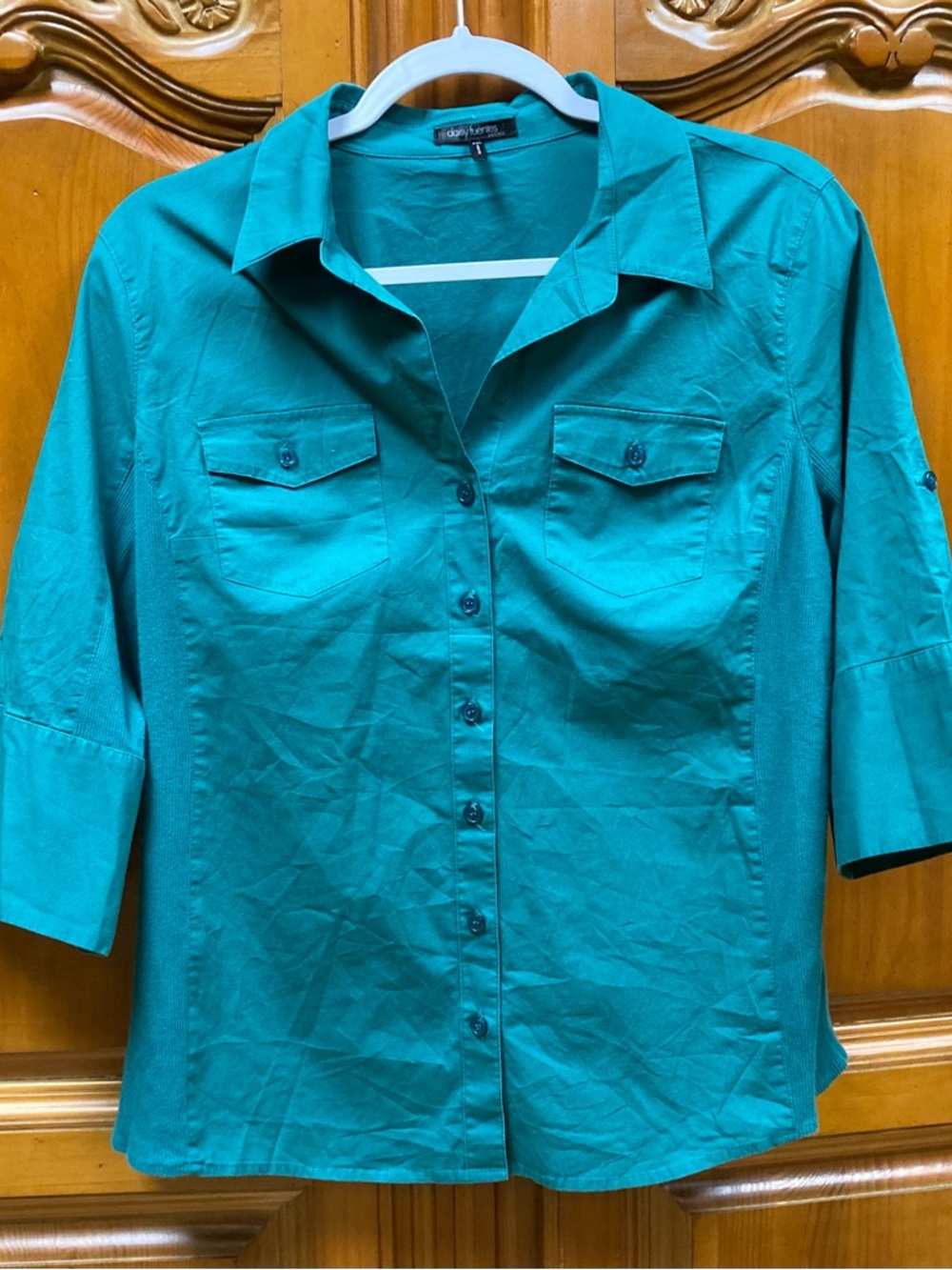 Daisy Fuentes Teal Button Down Blouse Petites PXL Short Sleeve
